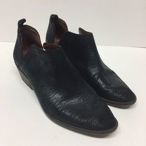Lucky Brand Black Perforated Leather Ankle Boots Bootie Stacked Block Heel Sz 10